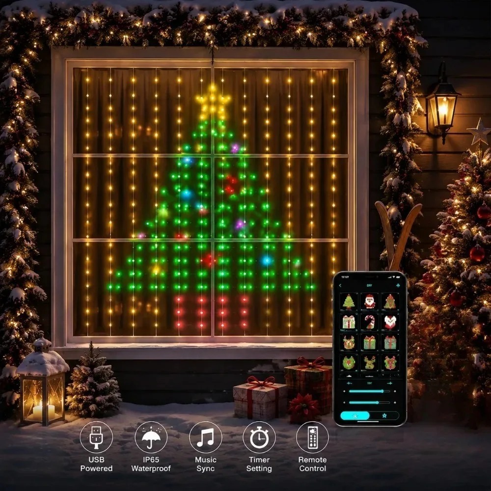 Fairy Light Curtain - LED-Pixel-Lichtvorhang mit Bluetooth-App-Steuerung, RGB-Smart-Lichterkette, DIY-Fensterdekoration für