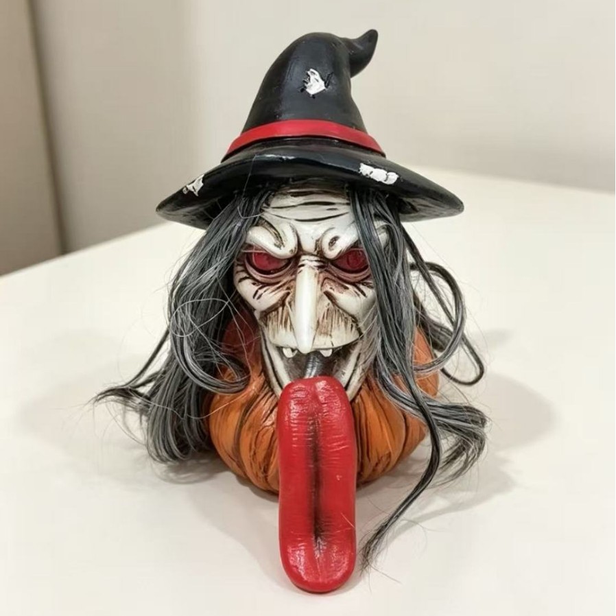 Lighting Decor House - Neues Halloween-Harzornament mit langem Zungenbesetztem Hexenkopf,