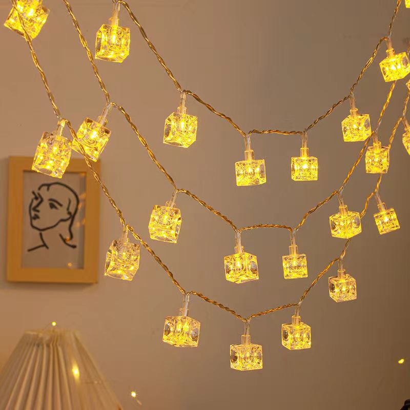 Fairy Light Curtain - Mehrfarbige warme Eiswürfel-Lichterkette, Feen-Nachtlampe, Raumgirlande, Vorhang,