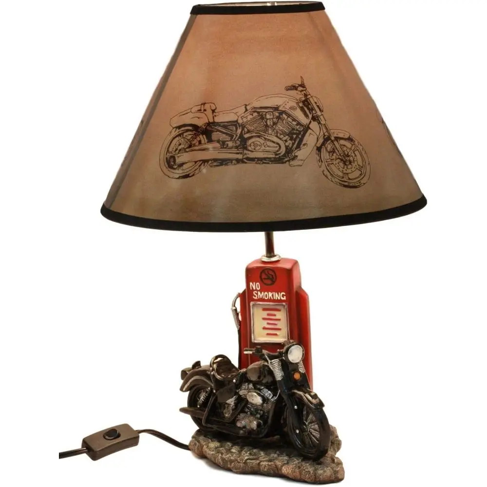 Decor Lighting & Decor Fires - Vintage Retro Schwarze Motorrad-Benzinpumpen-Tischlampe mit Lampenschirm,